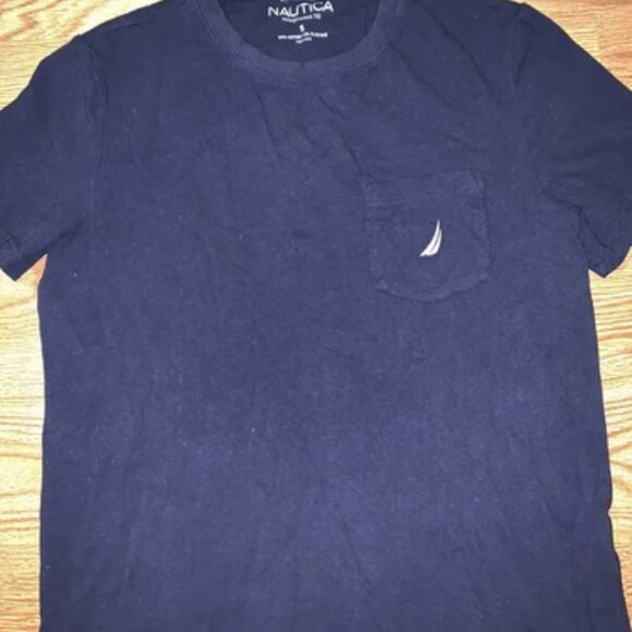 Nautica Mens Performance Tee Pocket T Shirt Navy Blue Small White Logo - Picture 1 of 6